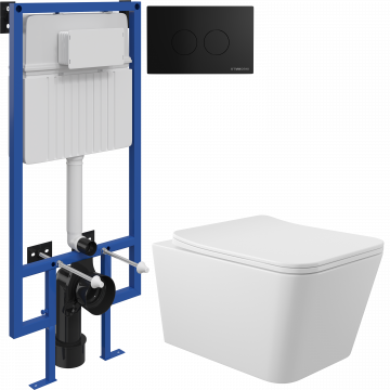 Комплект Унитаз подвесной Aqueduto Macio MAC0110 безободковый, с микролифтом, белый глянцевый + Инсталляция STWORKI + Кнопка Хельсинки 500471 черная матовая
