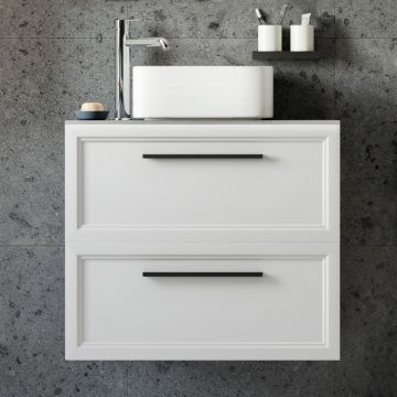 Тумба с раковиной STWORKI Эстерсунд 75, белая матовая, простоун беж с отверстием под смеситель в столешнице