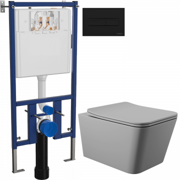 Комплект Унитаз подвесной Aqueduto Macio MAC0130 безободковый, с микролифтом, серый матовый + Инсталляция DIWO + Кнопка 7323 черная матовая