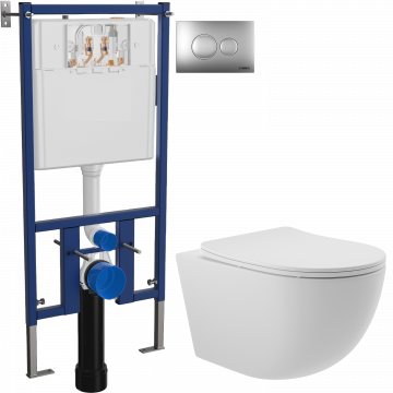 Комплект Унитаз подвесной Aqueduto Ovo OVO0120 безободковый, с микролифтом, белый матовый + Инсталляция DIWO + Кнопка 7311 хром матовый