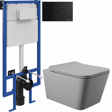 Комплект Унитаз подвесной Aqueduto Macio MAC0130 безободковый, с микролифтом, серый матовый + Инсталляция STWORKI + Кнопка Хельсинки 500471 черная матовая