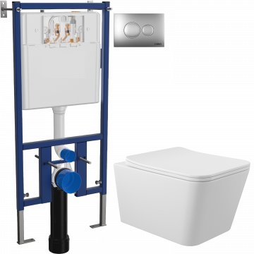Комплект Унитаз подвесной Aqueduto Macio MAC0110 безободковый, с микролифтом, белый глянцевый + Инсталляция DIWO + Кнопка 7311 хром матовый