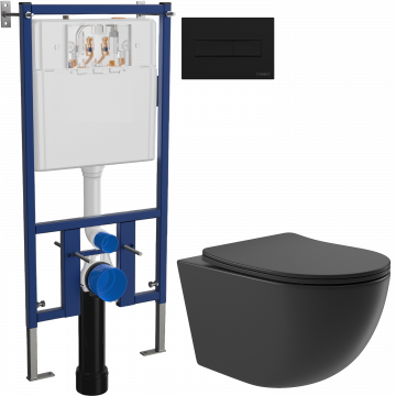 Комплект Унитаз подвесной Aqueduto Ovo OVO0140 безободковый, с микролифтом, черный матовый + Инсталляция DIWO + Кнопка 7323 черная матовая