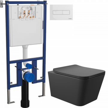 Комплект Унитаз подвесной Aqueduto Macio MAC0140 безободковый, с микролифтом, черный матовый + Инсталляция DIWO + Кнопка 7320 белая