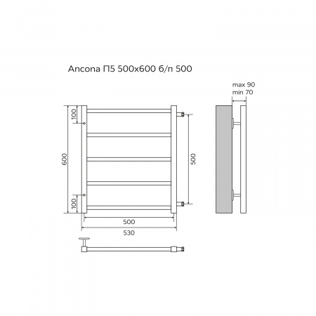 Полотенцесушитель водяной AZARIO ANCONA 500/600 квадрат, 5 секций, боковое подключение, 3/4", хром (AZ71556)