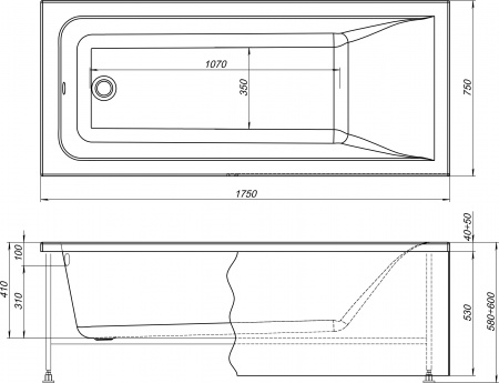 Комплект Акриловая ванна STWORKI Стокгольм 175x75 см, с каркасом + Стойка Осло