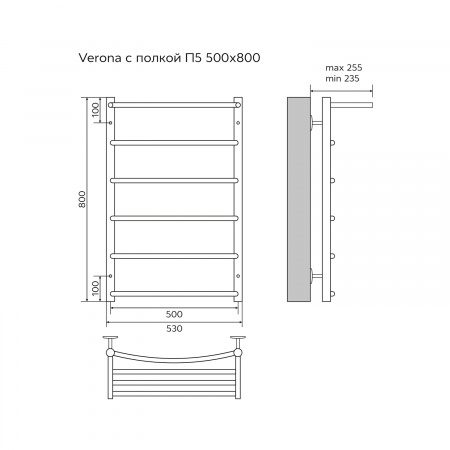 Полотенцесушитель водяной AZARIO VERONA 500/800 с полкой, 5 секций, нижнее/диагональное подключение, 1/2", хром (AZ04158P)