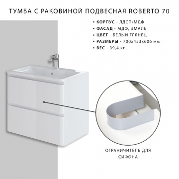 Комплект тумба Итана Roberto 70 (700х453х606) подвесная, с раковиной Adel 70, белый глянец (315212)