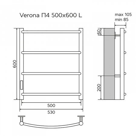 Полотенцесушитель электрический AZARIO VERONA 500/600 4 секции, диммер слева, черный (AZ04756B)