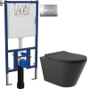 Комплект Унитаз подвесной Aqueduto Cone CON0140 безободковый, с микролифтом, черный матовый + Инсталляция DIWO + Кнопка 7311 хром матовый