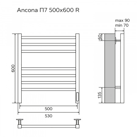 Полотенцесушитель электрический AZARIO ANCONA 500/600 квадрат, 7 секций, диммер справа, черный (AZ71856B)