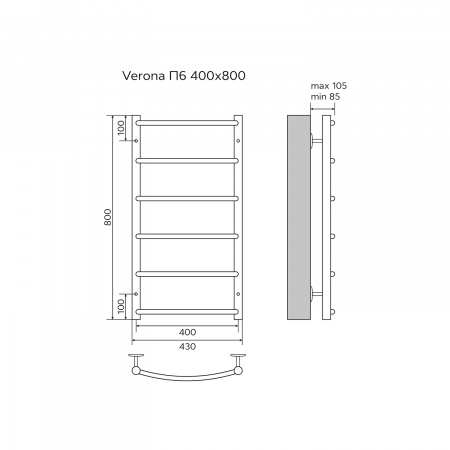 Полотенцесушитель водяной AZARIO VERONA 400/800 6 секций, нижнее/диагональное подключение, 1/2", хром (AZ04148)