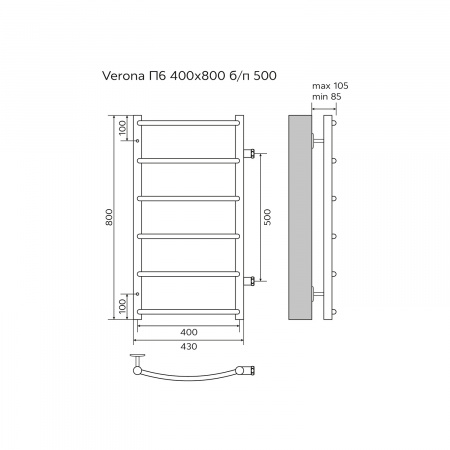 Полотенцесушитель водяной AZARIO VERONA 400/800 6 секций, боковое подключение, 1", хром (AZ04548)