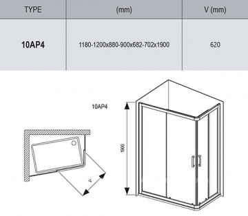 Душевой уголок Ravak 10° 10AP4-120/90 ручка Хром, стекло Transparent, профиль Сатин (0ZVG70U00Z1)