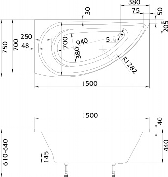 Акриловая ванна STWORKI Лунд L 150x75 см, угловая, с каркасом, асимметричная