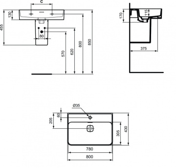 Раковина Ideal Standard STRADA II 800х430х130 накладная, 1 отверстие под смеситель (T300101)