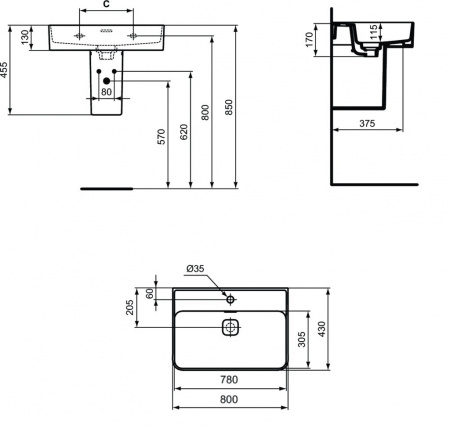 Раковина Ideal Standard STRADA II 800х430х130 накладная, 1 отверстие под смеситель (T300101)