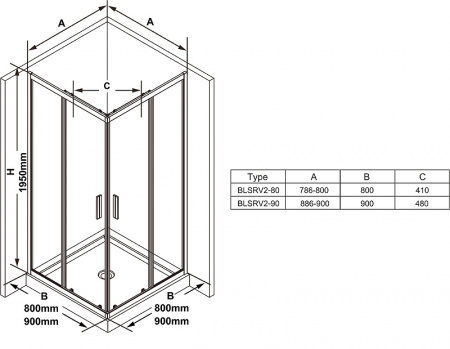 Душевой уголок Ravak Blix BLSRV2-90 90x90 стекло Transparent, профиль Черный (X1LM70300Z1)