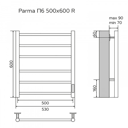 Полотенцесушитель электрический AZARIO PARMA 500/600 6 секций, диммер справа, хром (AZ10856)
