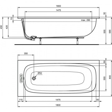 Ванна акриловая Ideal Standard i.life 1800х800 пристенная, встраиваемая (T476201)