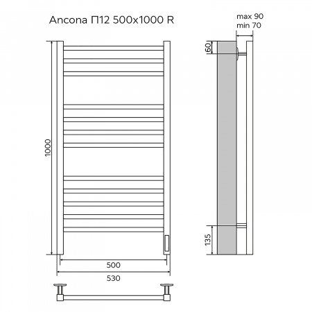 Полотенцесушитель электрический AZARIO ANCONA 500/1000 квадрат, 12 секций, диммер справа, белый (AZ71850W)