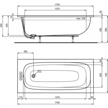 Ванна акриловая Ideal Standard i.life 1700х750 пристенная, встраиваемая (T476001)