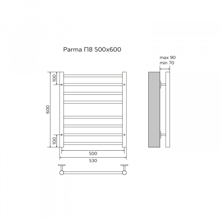 Полотенцесушитель водяной AZARIO PARMA 500/600 8 секций, нижнее/диагональное подключение, 1/2", хром (AZ10156S)