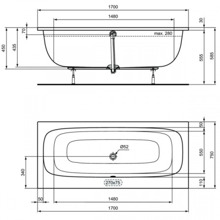Ванна акриловая Ideal Standard i.life 1700х750х450 пристенная, встраиваемая (T476301)