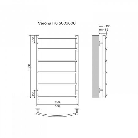 Полотенцесушитель водяной AZARIO VERONA 500/800 6 секций, нижнее/диагональное подключение, 1/2", хром (AZ04158)
