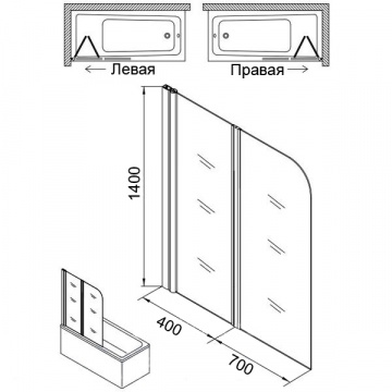 Шторка для ванны Azario MERRIT 1100(700+400)х1400 прозрачное стекло 6 мм, покрытие EASY CLEAN, цвет профиля серебро (AZ-NF6221 1100)