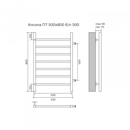 Полотенцесушитель водяной AZARIO ANCONA 500/800 квадрат, 7 секций, боковое подключение, 3/4", хром (AZ71558)