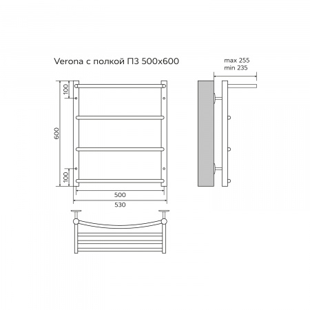 Полотенцесушитель водяной AZARIO VERONA 500/600 с полкой, 3 секции, нижнее/диагональное подключение, 1/2", хром (AZ04156P)