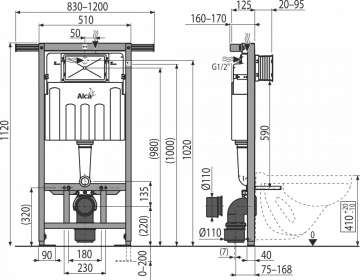 Скрытая система инсталляции Alcaplast AM102 Jadroмodul, для сухой установки, высота монтажа 1,12 м (AM102/1120)