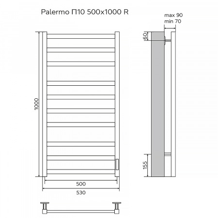 Полотенцесушитель электрический AZARIO PALERMO 500/1000 квадрат, 10 секций, диммер справа, черный (AZ83850B)