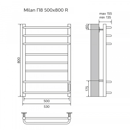 Полотенцесушитель электрический AZARIO MILAN 500/800 8 секций, диммер справа, белый (AZ90858W)