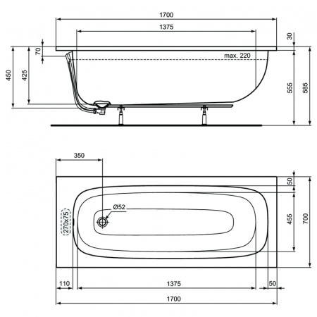 Промо-набор Ideal Standard 4 в 1: Ванна акриловая 170х70см, ножки, фронтальная панель, крепеж для фронтальной панели (PT475967)