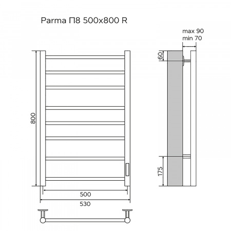 Полотенцесушитель электрический AZARIO PARMA 500/800 8 секций, диммер справа, хром (AZ10858)