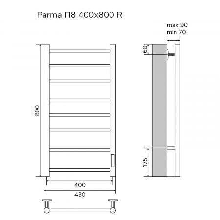 Полотенцесушитель электрический AZARIO PARMA 400/800 8 секций, диммер справа, хром (AZ10848)