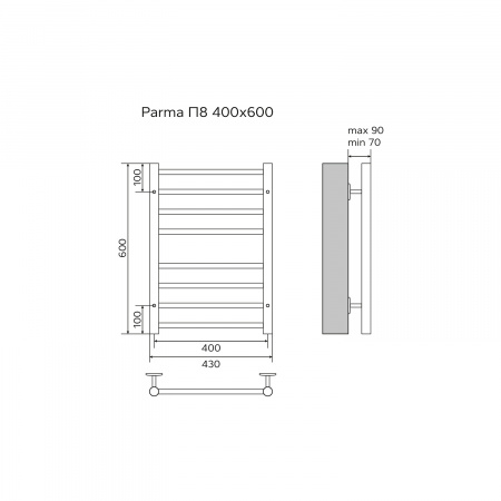 Полотенцесушитель водяной AZARIO PARMA 400/600 8 секций, нижнее/диагональное подключение, 1/2", хром (AZ10146S)