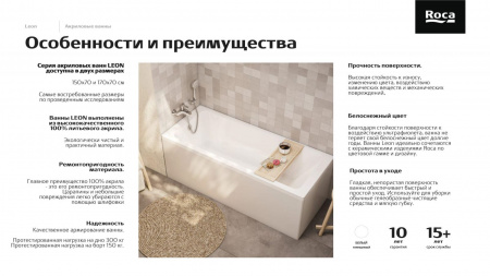 Ванна акриловая Roca Leon 1500x700 прямоугольная белый (7.2486.5.900.0)