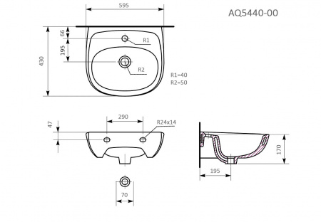 Раковина подвесная AQ5440-00, 595*435, белая, может быть установлена на пьедестал