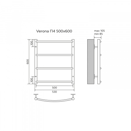 Полотенцесушитель водяной AZARIO VERONA 500/600 4 секции, нижнее/диагональное подключение, 1/2", хром (AZ04156)