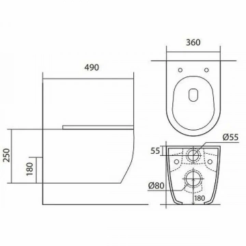 AQ1106-00 ЕВРОПА Унитаз подвесной безободковый 490*360*250мм, тонкое сиденье с механизмом плавного закрывания, крепеж