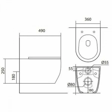 AQ1106-00 ЕВРОПА Унитаз подвесной безободковый 490*360*250мм, тонкое сиденье с механизмом плавного закрывания, крепеж
